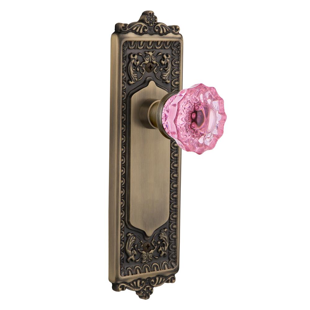 Nostalgic Warehouse EADCRP Colored Crystal Egg & Dart Plate Double Dummy Crystal Pink Glass Door Knob in Antique Brass